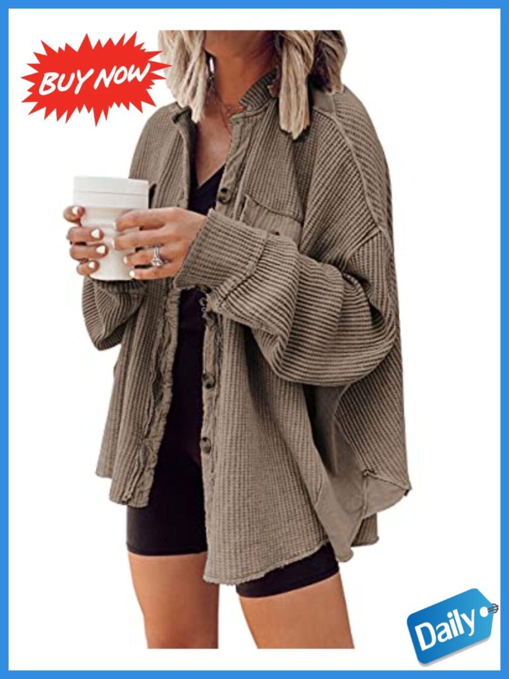 Waffle Knit Batwing Sleeve Button Down Shacket Oversized Loose Fit